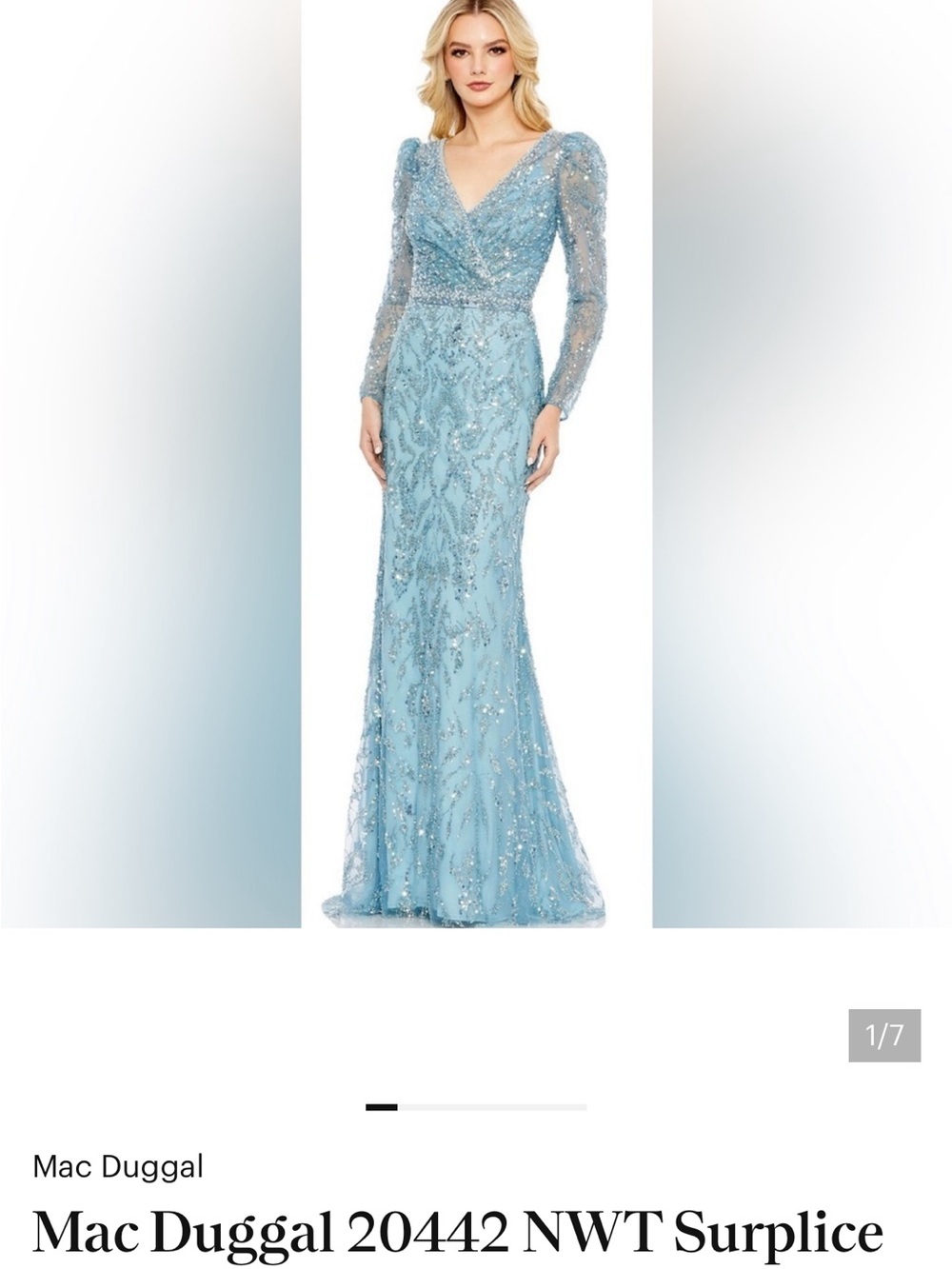 Mac Duggal Light Blue Beaded Surplice Long Sleeve Gown